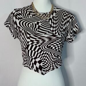 Just Polly NY XL Brown Cream Swirl Checker Crop Top Y2K Trippy Optical Print